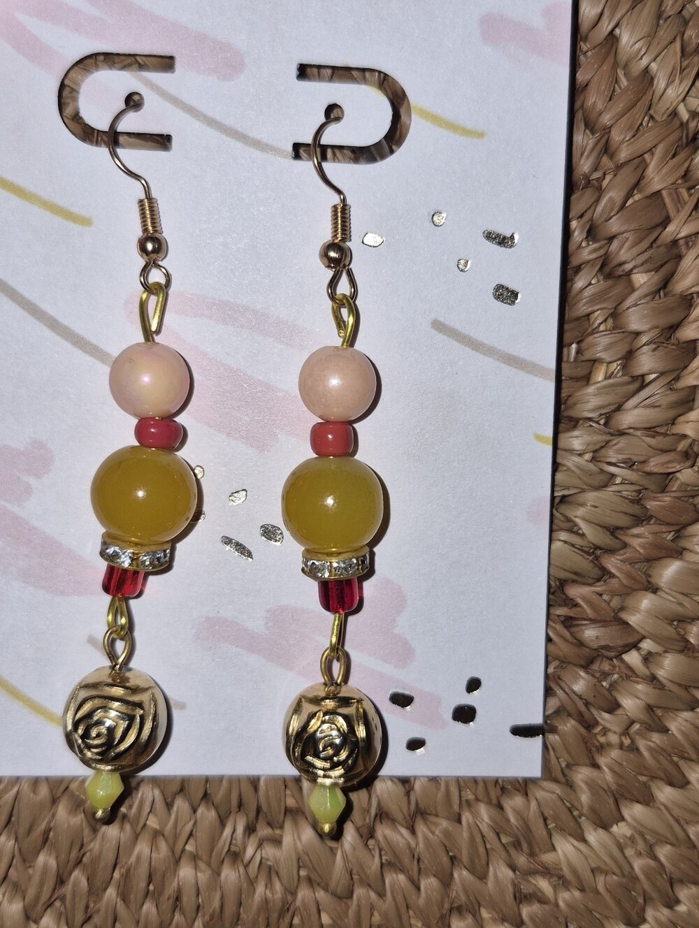 Handcrafted Yellow & Pink Beaded Rose Drop Earrings